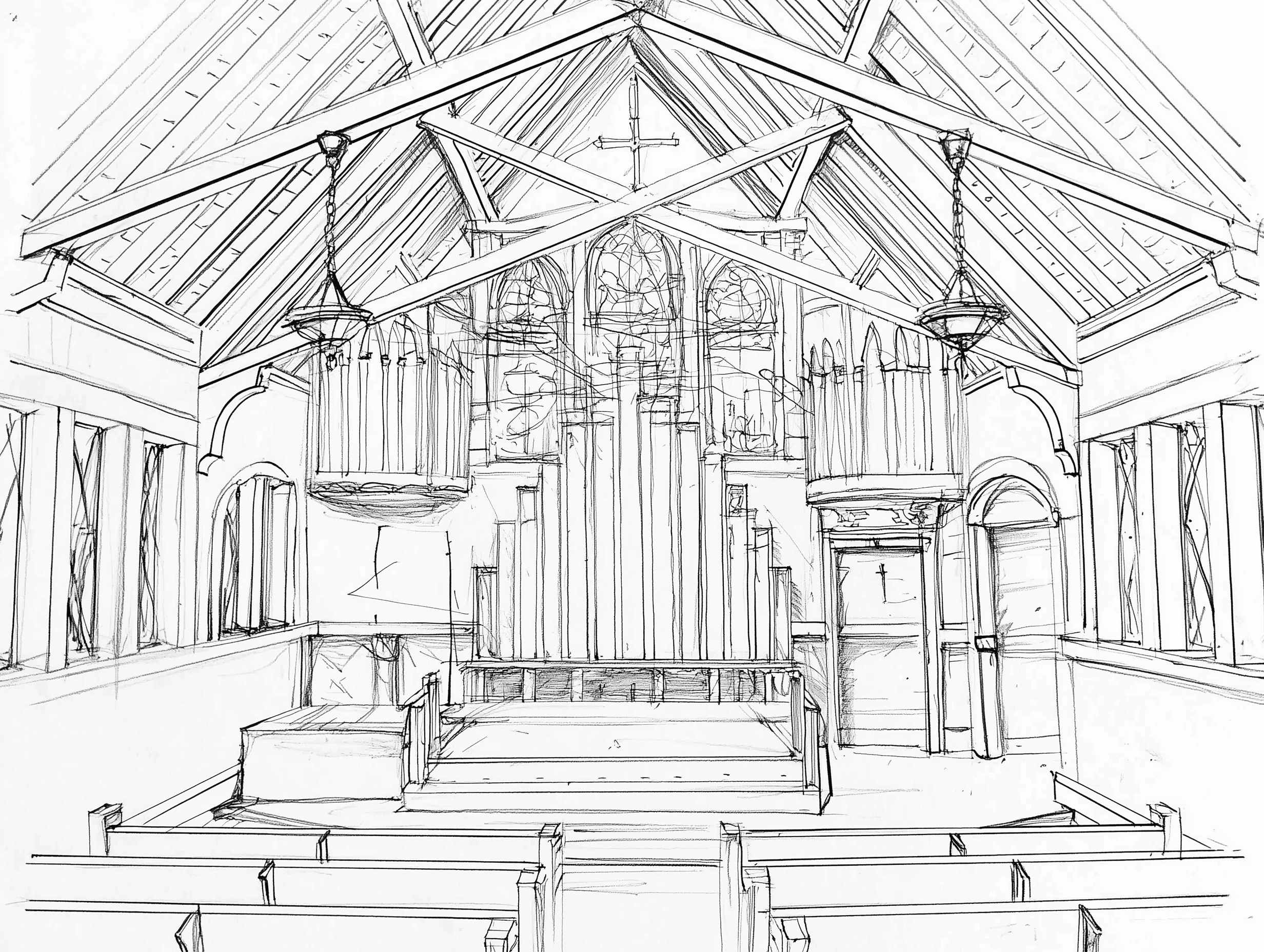 Pencil sketch of the church interior